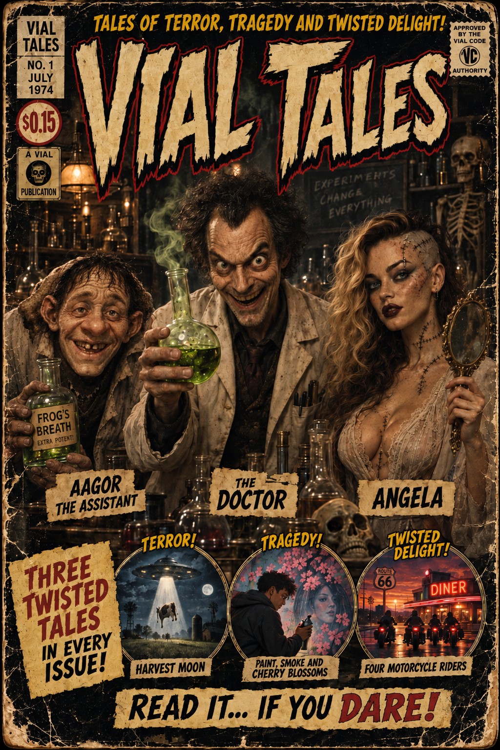 Vial Tales Issue Number One cover featuring Aagor, The Doctor and Angela