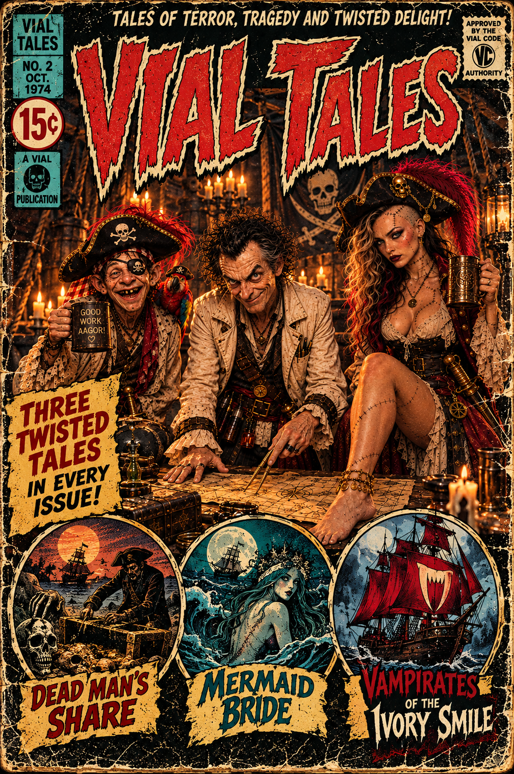 Vial Tales Issue Number Two cover featuring Aagor, The Doctor and Angela as pirates